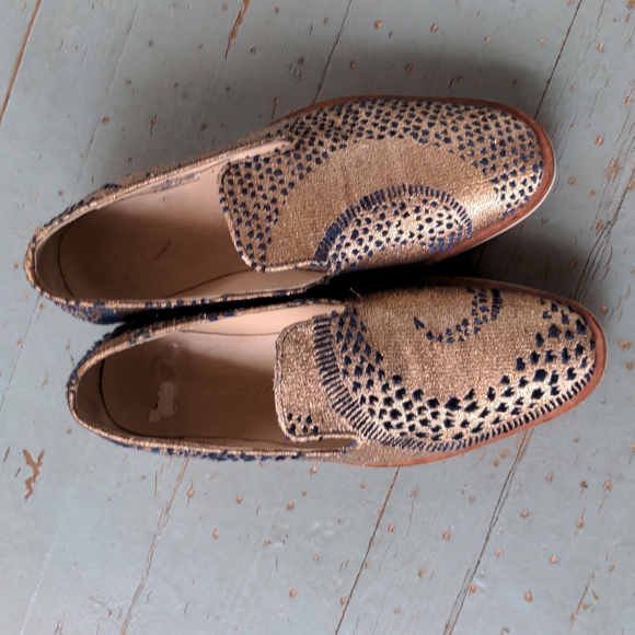 Free People Shoes - Free People Metallic Gold Loafers with Navy Detailing